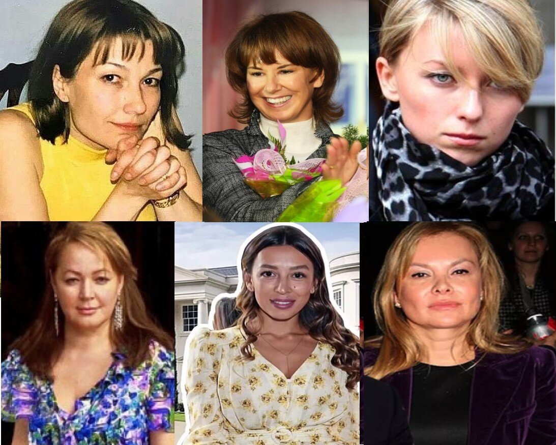 Слева направо - Светлана Хворостовская, Наталья Потанина, Елена Голубович, Галина Бешарова, Эльсина Хайрова, Екатерина Доронина. Авторский фотоколлаж "Сделки". Фрагменты из открытых источников
