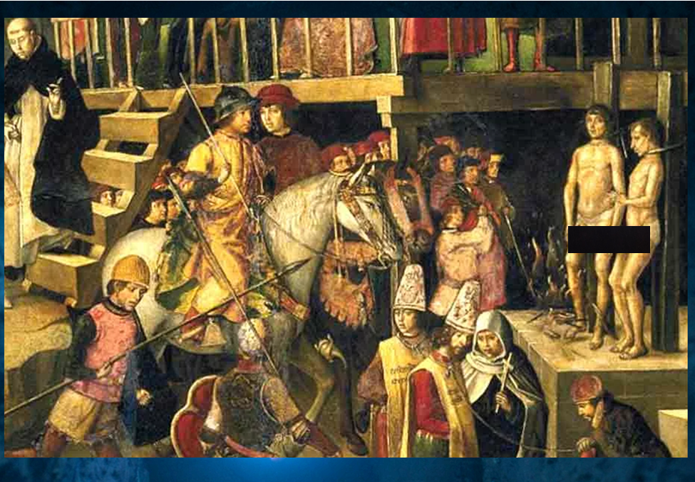 Фрагмент картины "Аутодафе под председательством Доминика де Гусман Гарсес" (1493 — 1499), изображающий казнь еретиков. Художник Педро Берругете (1450 — 1504).