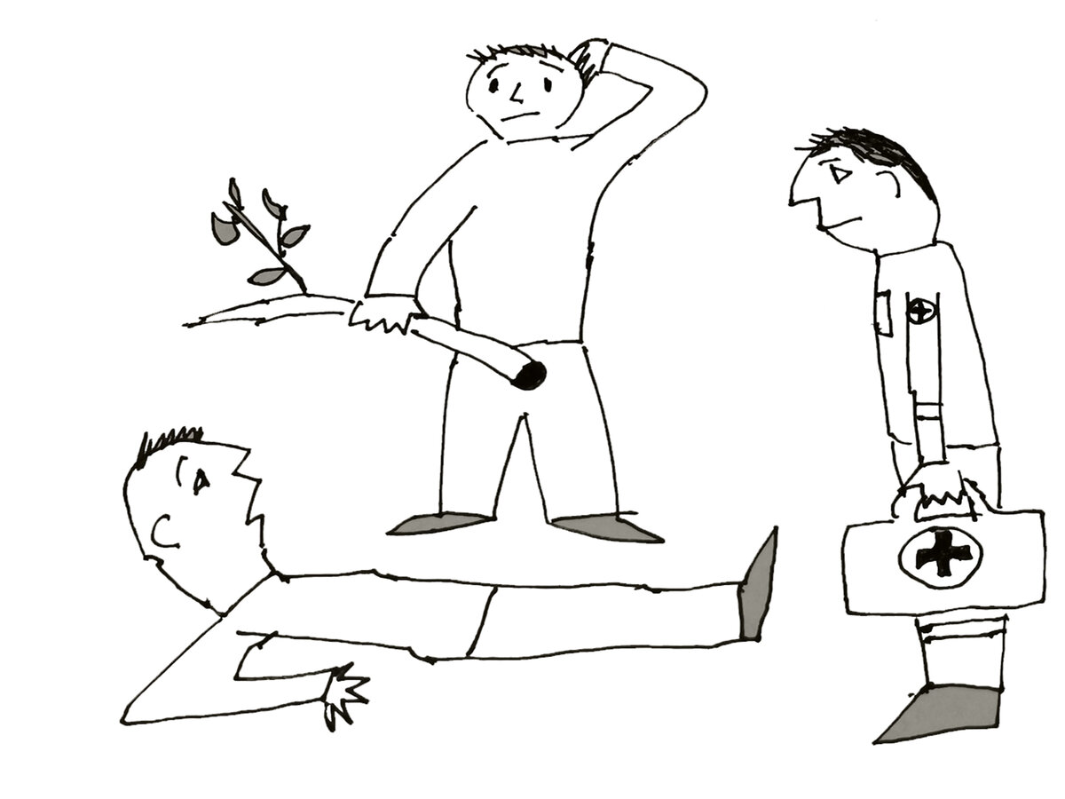 Бедолага, "ангел-хранитель" и фельдшер. Рисунок автора. Холст. Гелевая ручка. 2021 г.