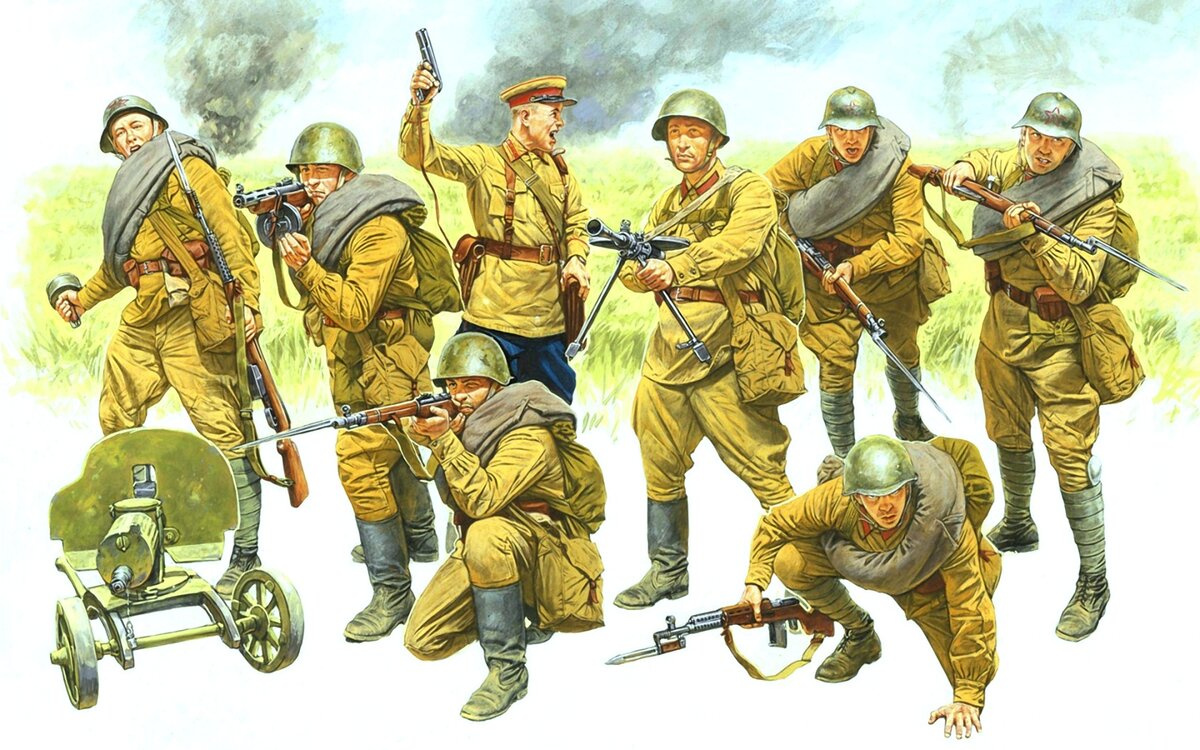 Пехотинцы Красной Армии на лето 1941 года. Художник: А. Каращук.