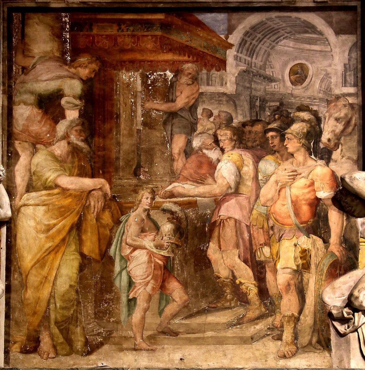 На фреске Джованни Баттиста Фиорини 1563 года изображены великаны и люди. Историки объясняют рисунки великанов тем что «так рисовали богов и знать".  На рисунке раб ? Или это город богов? 

В любом случае, великаны гармонично смотрятся на фоне древней архитектуры, а вот человек по росту похож на современных людей.