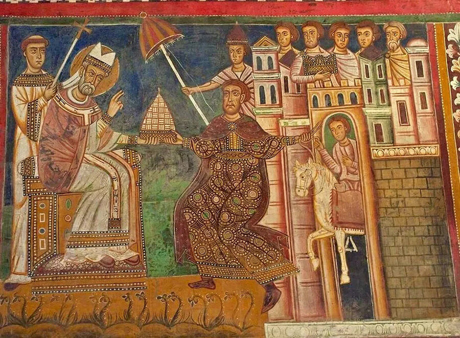 Неизвестный итальянский мастер. Пожертвования Константина. 13 век. Фреска в монастыре Санти-Куаттро-Коронати в Риме