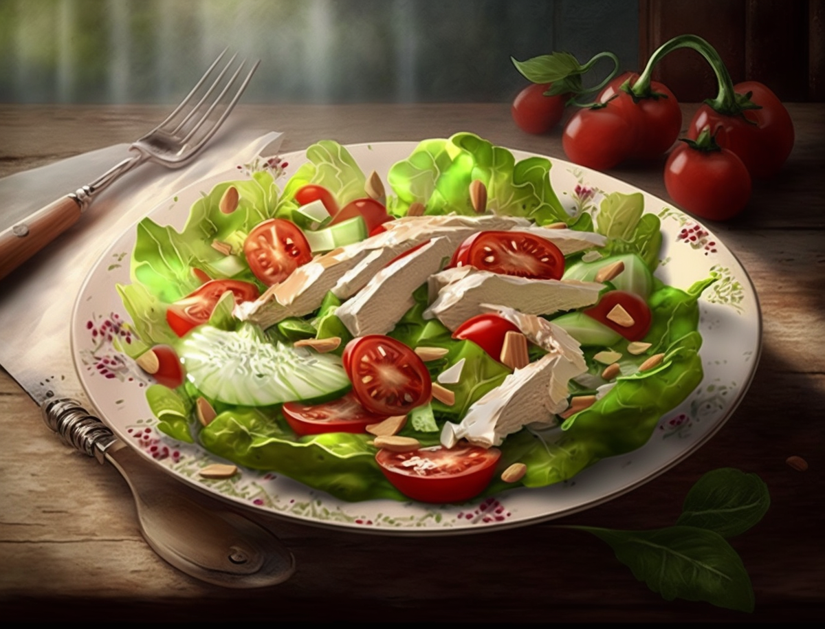 Cалат с курицей, помидорами и огурцами