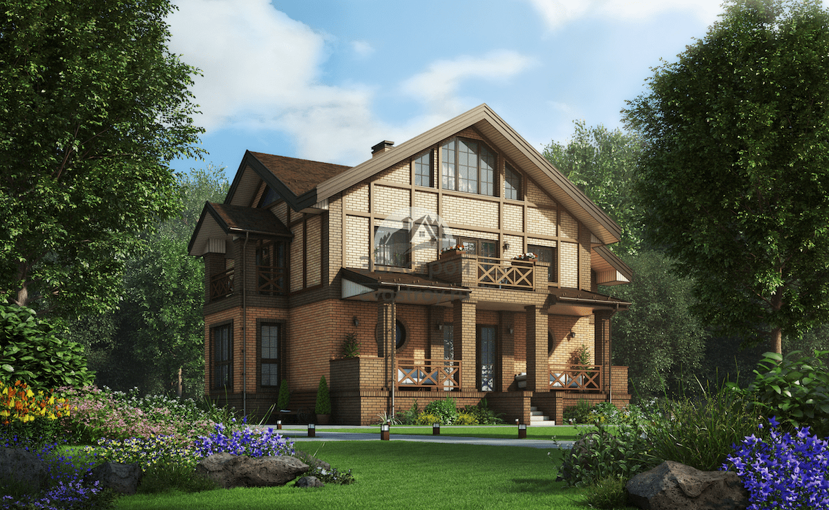 Проект дома 301 м2 с мансардой, кабинетом, балконом, верандой и террасой - 10-093