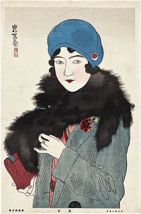 Японский ар деко. Синсуй Ито "Ранняя весна", цветная литография, 1931. Tokio Digital Museum, официальный сайт - https://digitalmuseum.rekibun.or.jp 