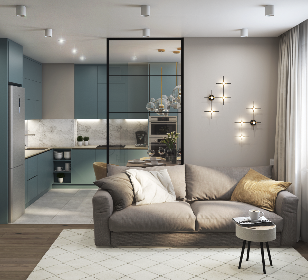 Декоративная стеклянная перегородка - отличный вариант для тех, кто не может определиться совмещать гостиную с кухней или делать два отдельных помещения. Такое решение ненавязчиво разделяет пространство, пропуская естественный свет.⠀