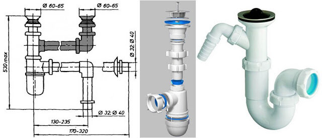 Сборка сифона для мойки с переливом для кухни