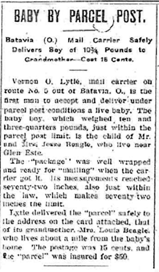 Заметка о Джеймсе Бигле - первом известном ребенке отправленном почтой