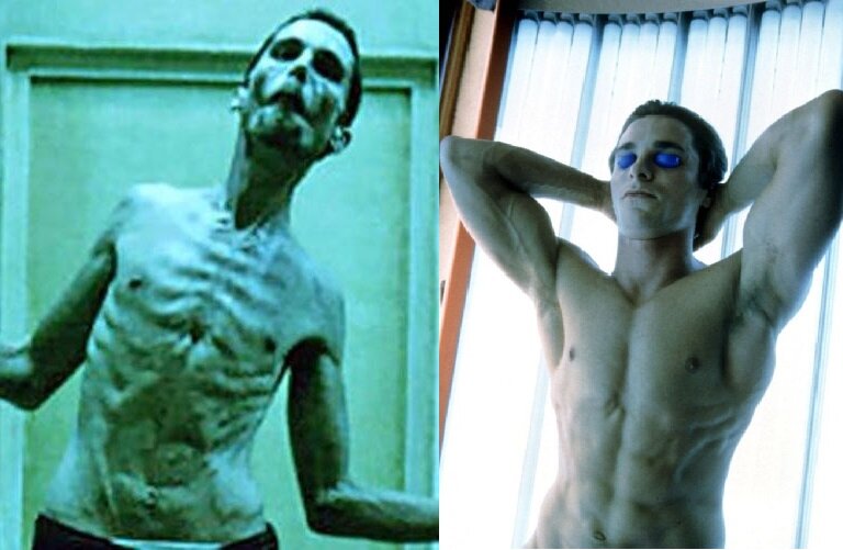 Слева в фильме "Машинист", справа - в фильме "Американский психопат"