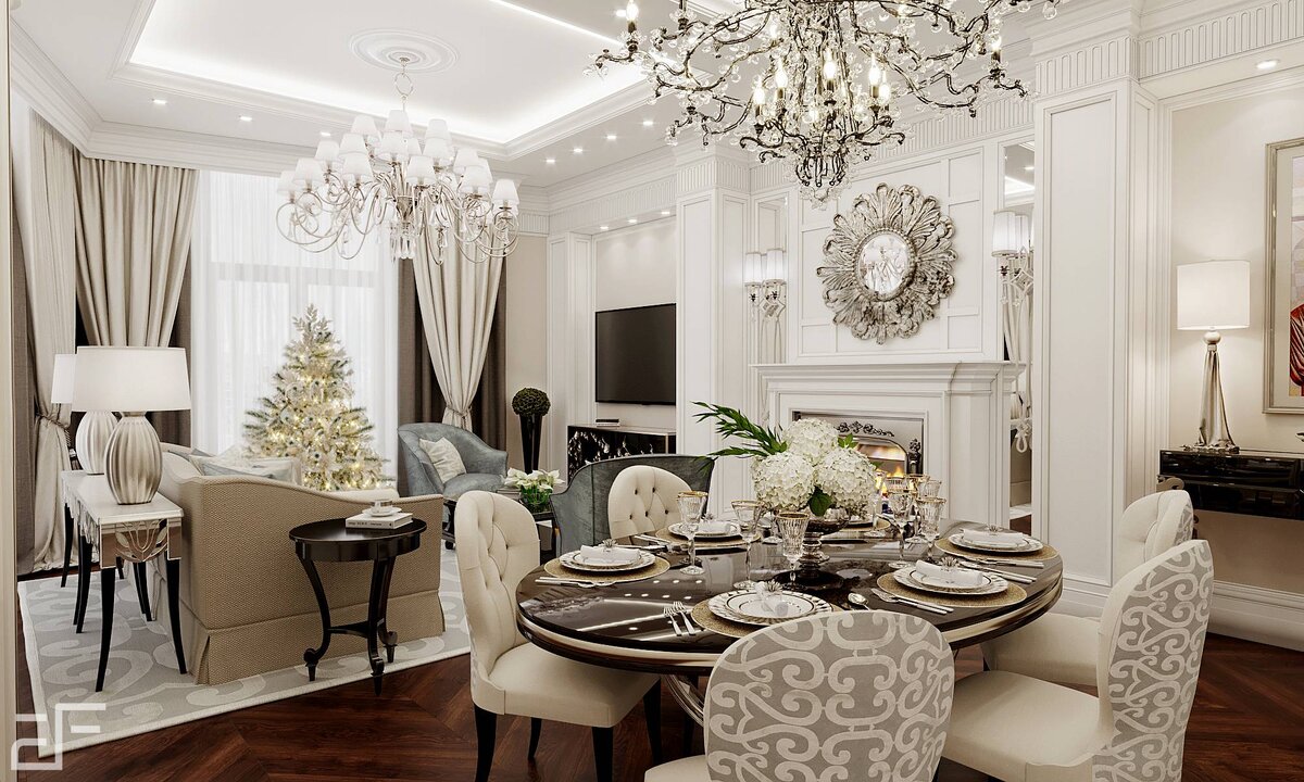 Дизайн интерьера кухни-гостиной-столовой в неоклассическом стиле