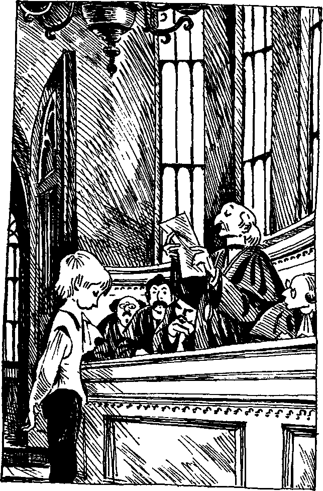 Галька выслушивает приговор об изгнании из города. Иллюстрация Евгения Медведева (источник фото: https://libmir.com/book/167298-vyistrel-s-monitora-sbornik-vladislav-krapivin/image)