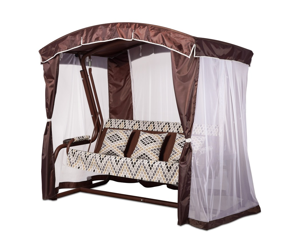 Размеры (см): длина - 228,4, ширина - 146,5, высота - 170, длина дивана - 166. Материалы: каркас - сталь, тент - оксфорд 300, наполнитель мягкого элемента - холофайбер 80 мм, ткань - 100% Solution dyed Acrylic 300 г/м. Цвет: шоколад. Максимальная нагрузка: 300 кг. Технические особенности: трёхместные садовые качели, регулируемая спинка с возможностью фиксации в горизонтальном положении. Каркас качелей состоит из трубы диаметром 51 мм, а сидений - из наварной решётки. Вентилируемый тент с антимоскитной сеткой в комплекте, устойчивость к различным погодным условиям благодаря материалам изготовления, подушки входят в комплект. Вес: 63 кг. Гарантийный срок: 12 месяцев.