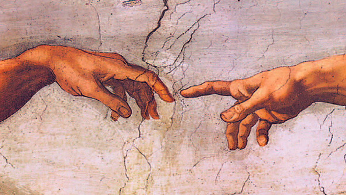 Сотворение Адама. Фрагмент фрески 16 века. Микеланджело