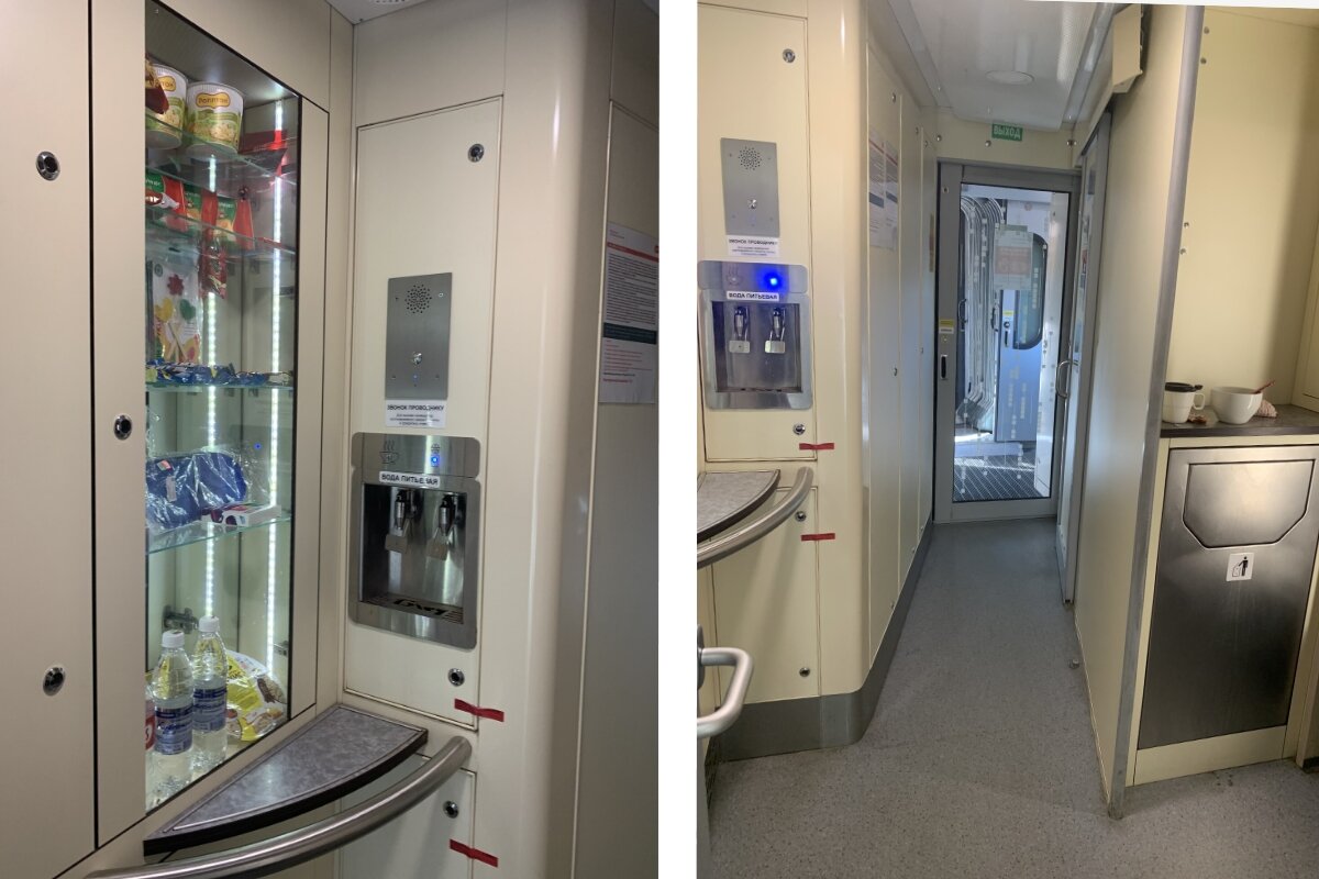 Товары в дорогу, сувениры, кулер с кипятком и питьевой водой в поезде "Россия"