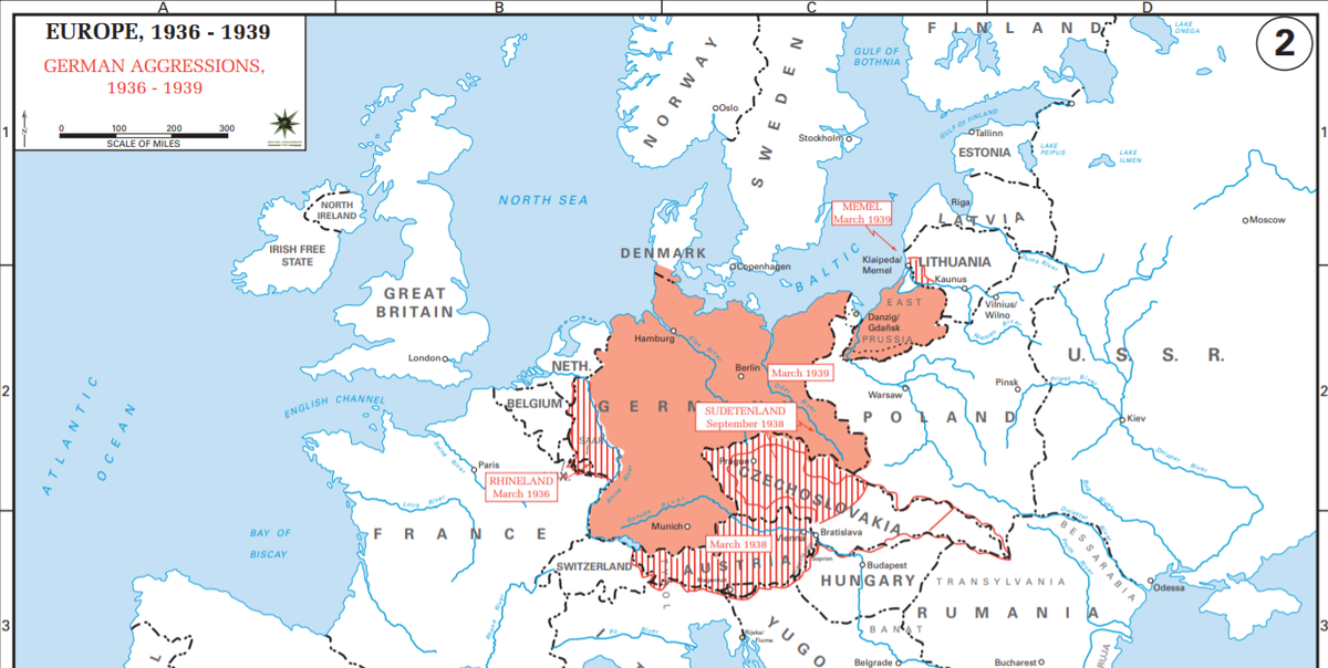 Внешняя экспансия Германии в 30-е и границы в Европе на 1939 год. Видно, как близко к границе находятся Ленинград, Киев. Источник - https://www.westpoint.edu/academics/academic-departments/history/world-war-two-europe