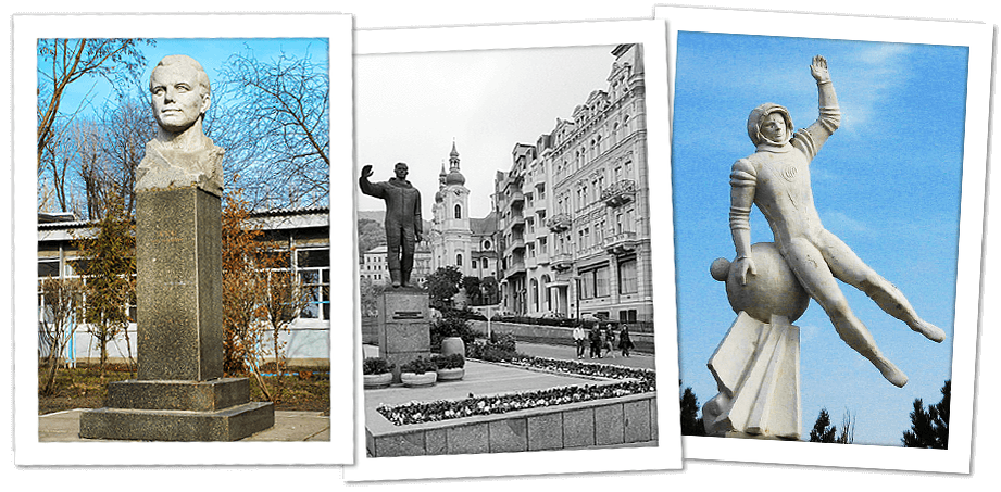 Памятники Юрию Гагарину в Карловых Варах (слева), в Киеве (по центру) и в Черниговской области (справа). Фото: Вячеслав Рунов/РИА Новости