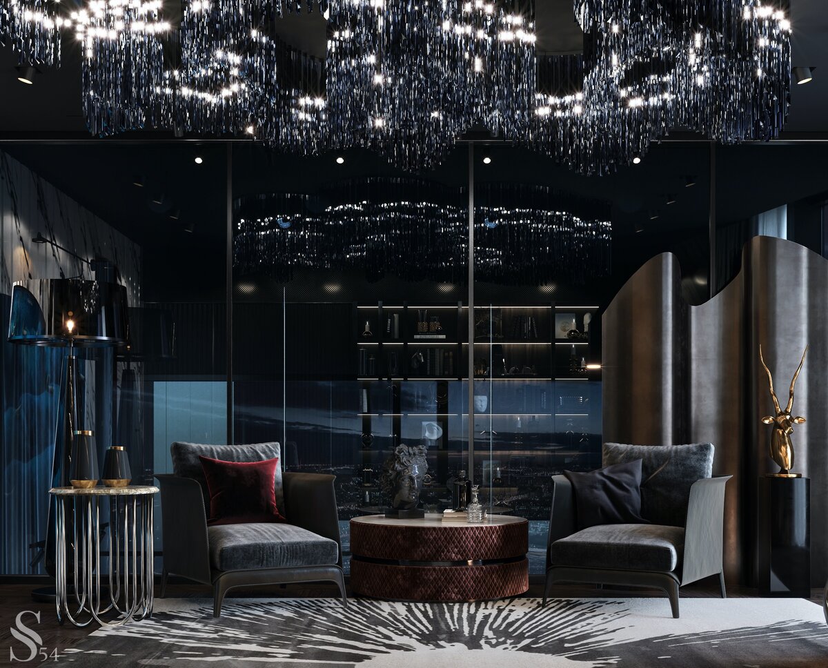 Зеркальная стена в кабинете в проекте роскошных видовых апартаментов в ЖК "Capital Towers"