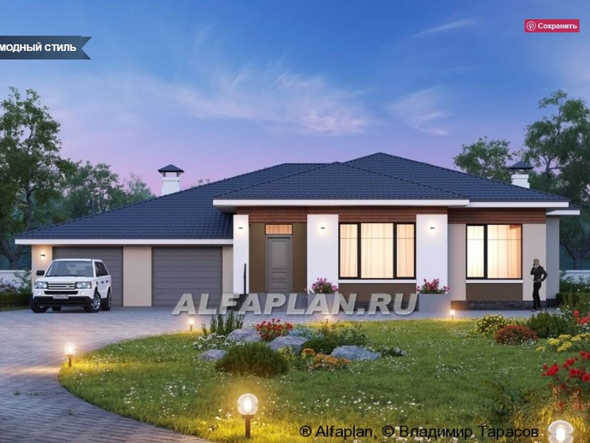 НА СЛАЙД-ШОУ 2 ФОТО: Проект 324E "Калипсо" и его планировка     © Владимир Тарасов 324Е "Калипсо" - комфортабельный коттедж с большим гаражом -  одноэтажный дом (214 м2)  с комнатами оптимальной площади. Планировка дома организована с прицелом на красивый, современный интерьер в дальнейшем. Кухня имеет островную часть, из столовой-кухни есть выход на крытую террасу. 3 спальни расположены вокруг просторного холла. Две спальни имеют собственные санузлы.