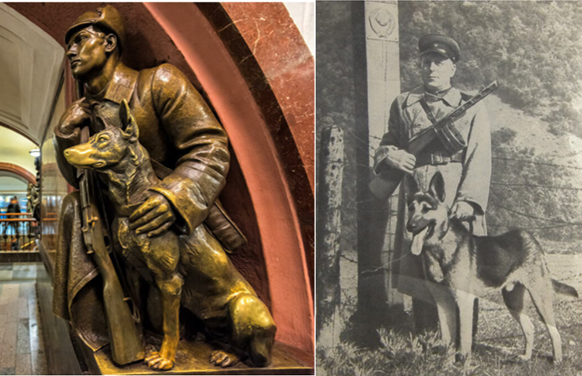 Скульптура пограничника на станции "Площадь Революции" и Никита Карацупа с собакой Индус. (Фото: Из фондов Музея Пограничного управления ФСБ России )
