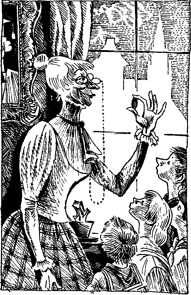 Мадам Валентина рассматривает монету "десять колосков". Иллюстрация Евгения Медведева (источник фото: https://libmir.com/book/167298-vyistrel-s-monitora-sbornik-vladislav-krapivin/image)