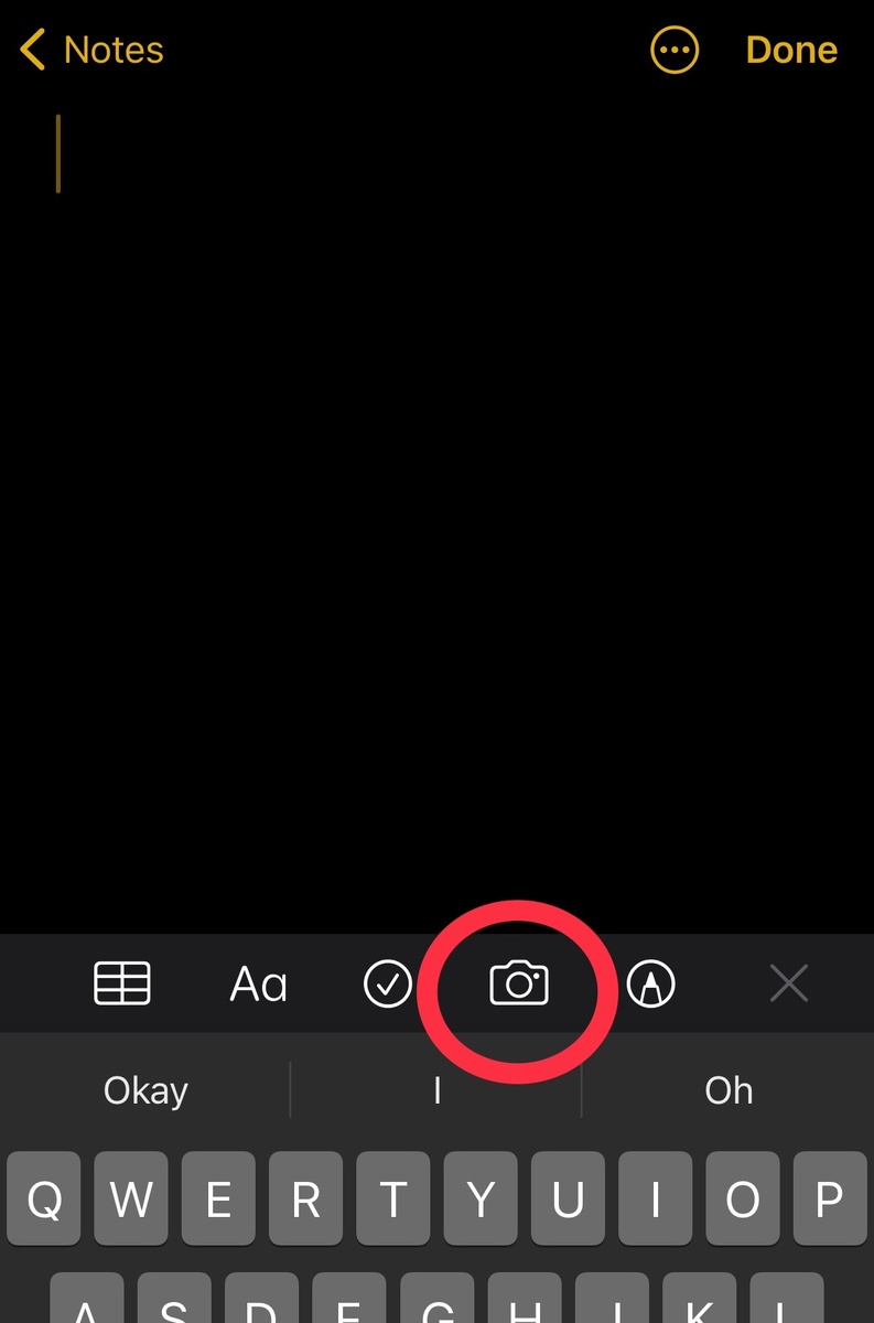 Нажатие на значок камеры позволит вам выбрать фото/видео для переноса в заметку.