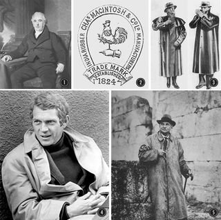 1. Чарльз Макинтош. 2. Логотип компании Charles Mackintosh and Co. 3. Иллюстрация начала XX века. 4. Стив Маккуин в макинтоше 5. Aрхеолог Артур Джон Эванс в макинтоше.