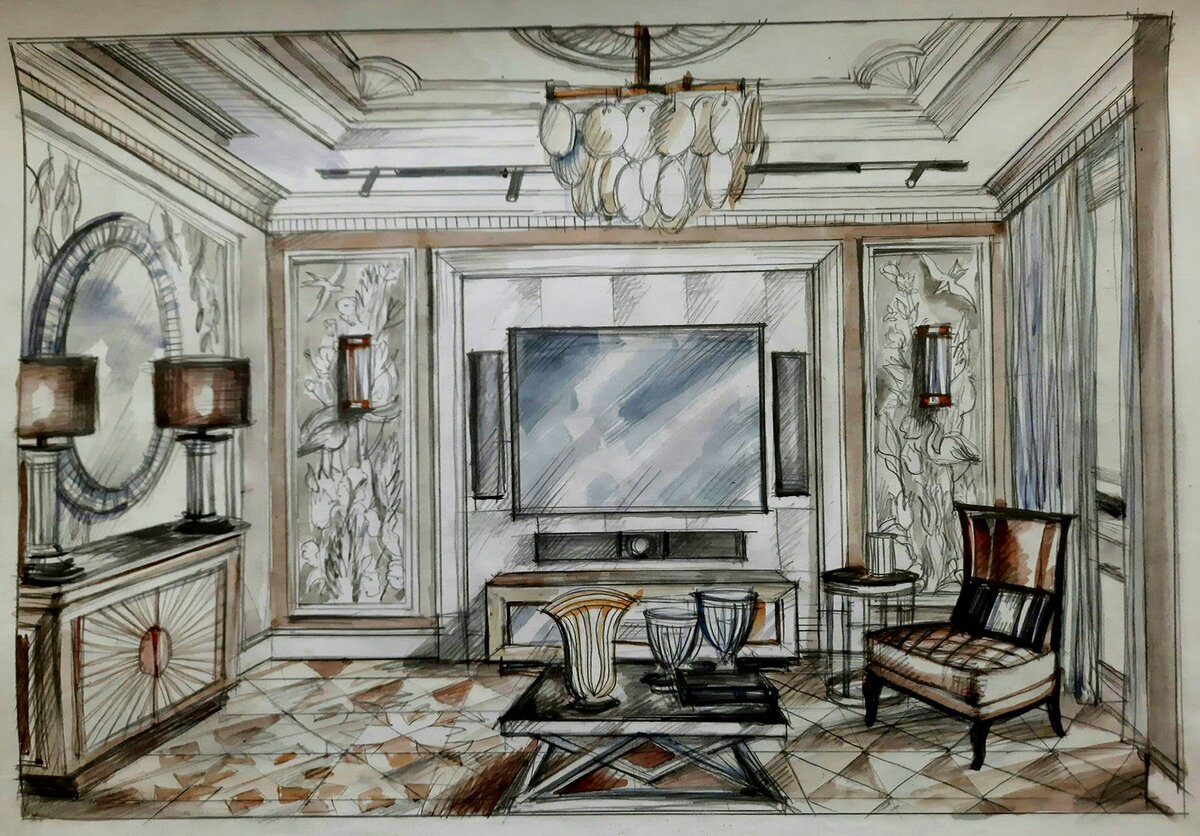 Эскиз гостиной в серебристых тонах.