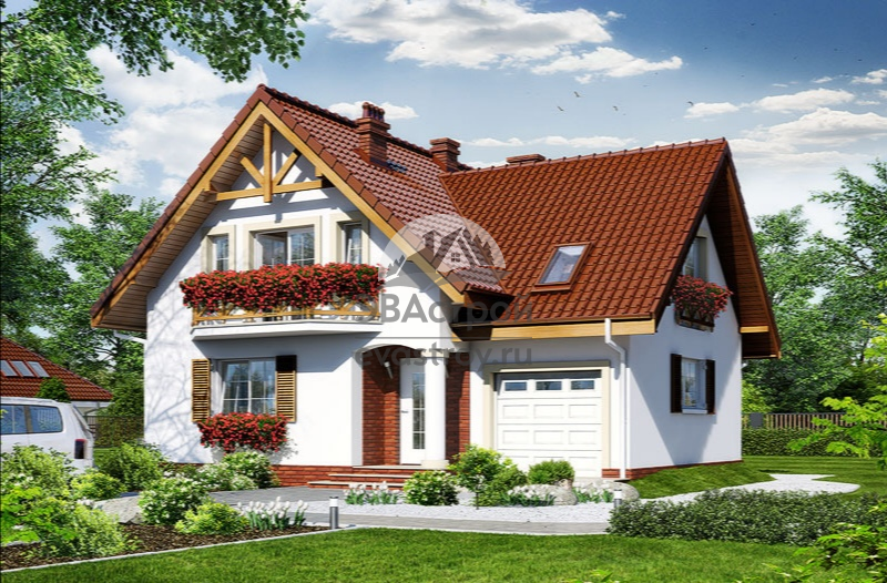 Проект одноэтажного дома 140 м2 с мансардой, гаражом, балконом и террасой - SM-1