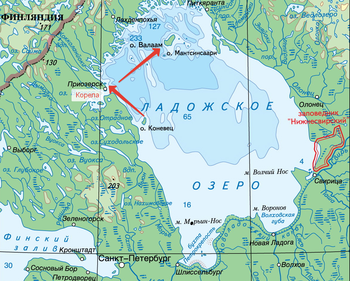 Остров Валаам на карте Ладожского озера