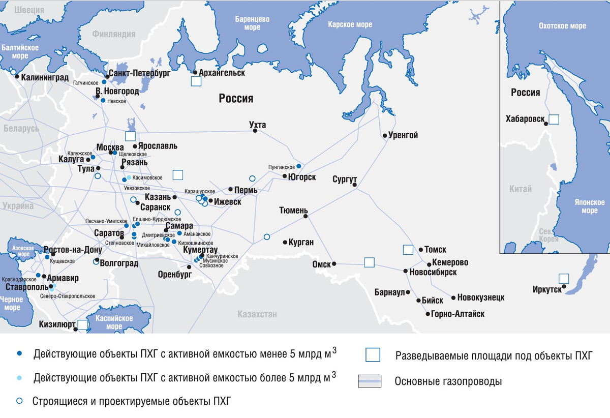 Схема действующих и перспективных объектов ПХГ на территории РФ. gazprom.ru