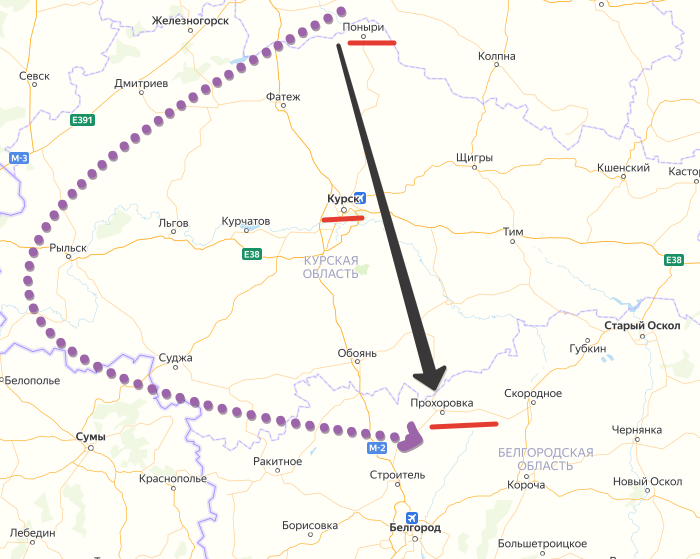 Возможные пути "от Понырей к Прохоровке": напрямую с боем мимо Курска, либо в обход всего. Создано на основе Яндекс-Карт