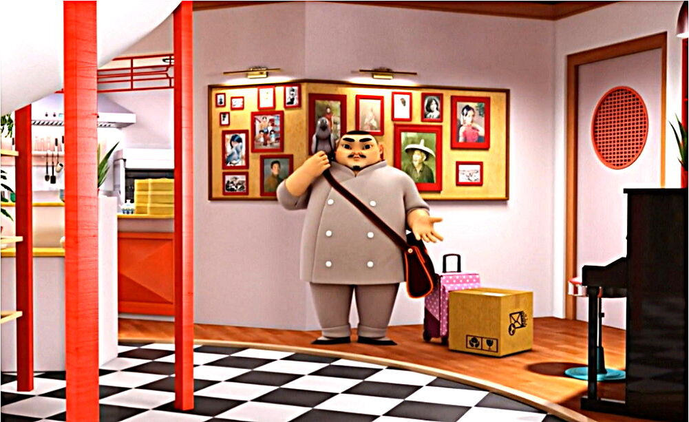 А вот и дядя Ван в собственном ресторане и с любимцем семьи - попугаем Бастилем. На доске позади него - члены семьи Ся Бин (Сабин), мамы Маринетт.