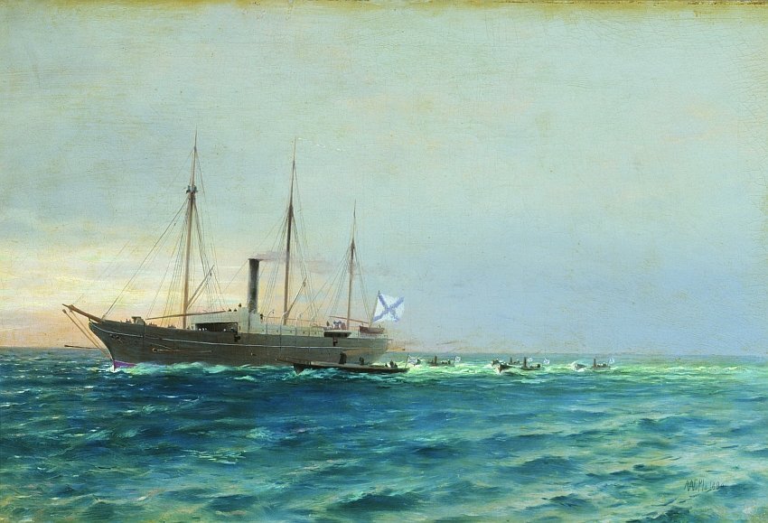 1877, 30 апреля (12 мая) - Четыре минных катера с парохода «Великий князь Константин» (начальник отряда — лейтенант С.О. Макаров) атаковали на батумском рейде турецкий сторожевой колесный пароход