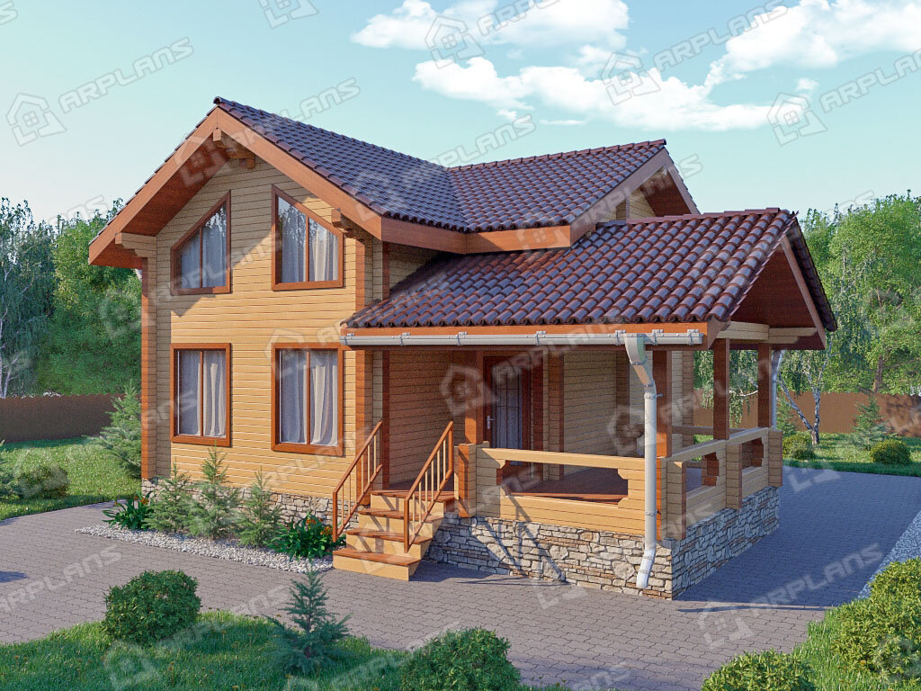 Фото 1 двухэтажного дома из бруса с мансардой, 3 спальнями, газовой котельной и террасой. Полезная площадь 130 кв м. Источник arplans.ru Проект ДС-033