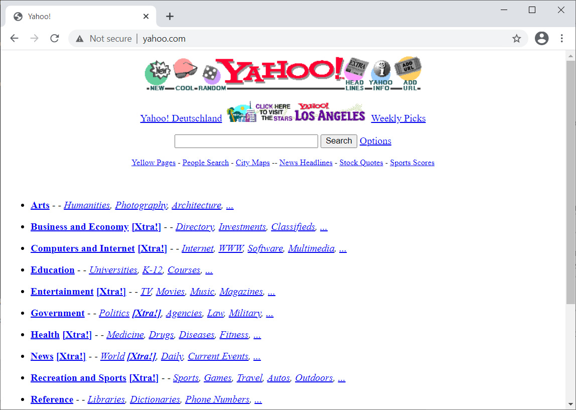 Первый популярный поисковик Yahoo.com в 1996 году