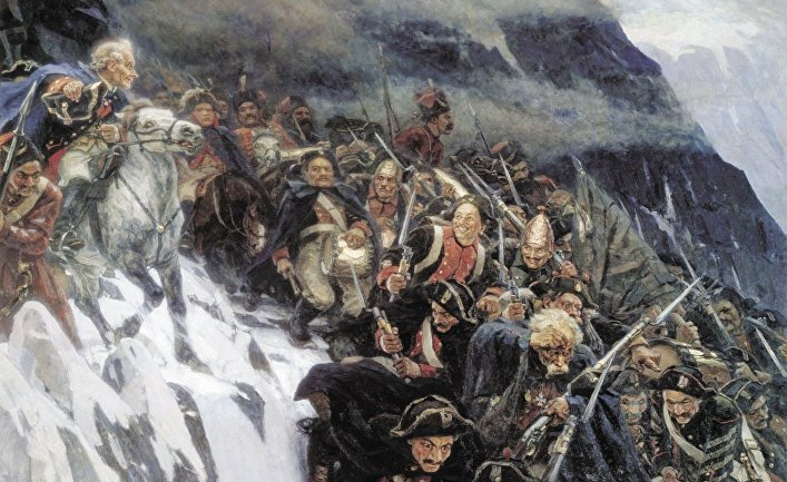 «Переход Суворова через Альпы» . Художник Василий Суриков смог передать атмосферу событий и удаль русских солдат под командованием Суворова.