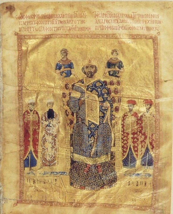 Император, вероятно, Никифор III (правил 1078-1081), с четырьмя чиновниками—второй слева-евнух, о чем свидетельствует отсутствие бороды.