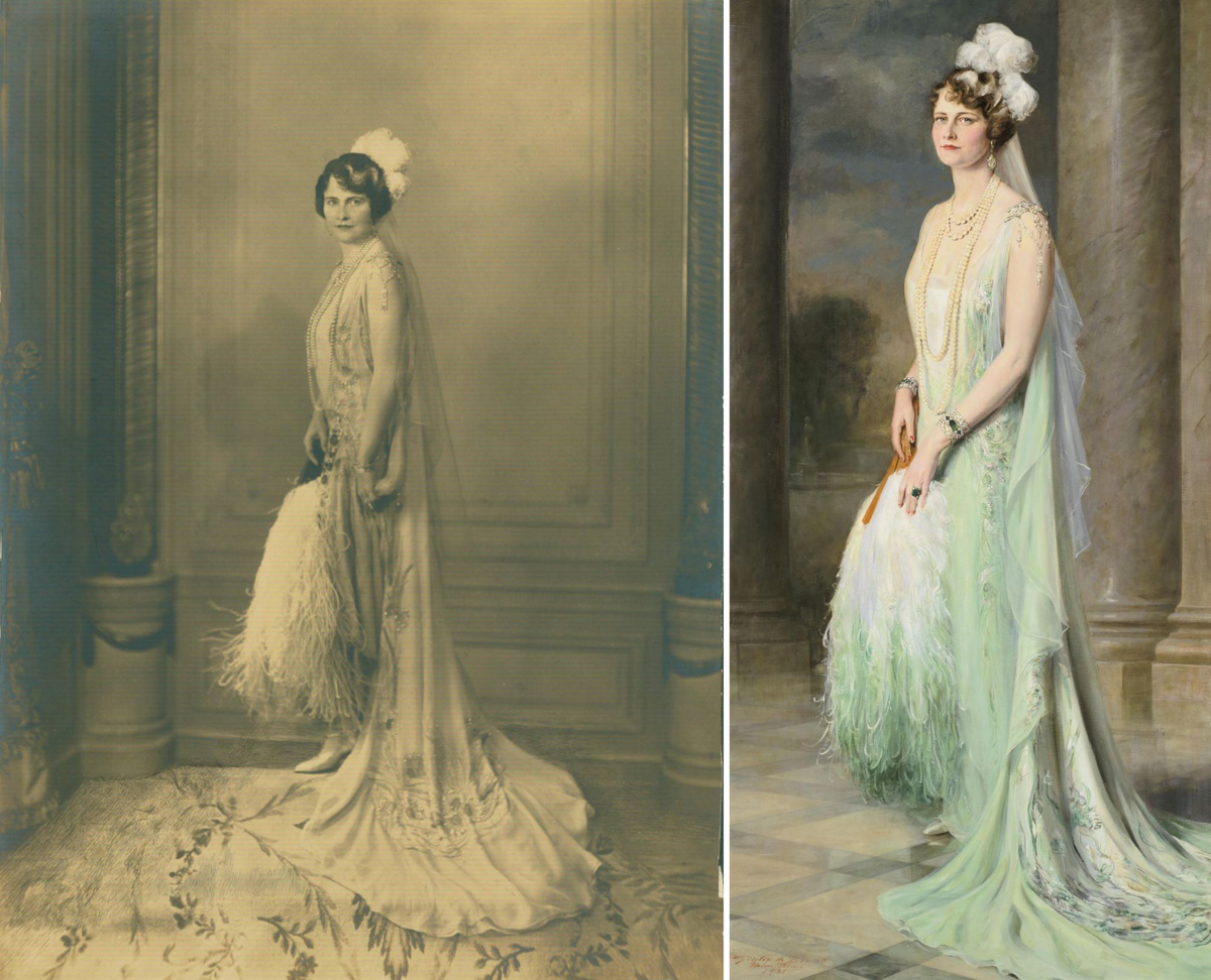 Фотография Марджори Мерривезер Пост в придворном костюме и портрет кисти Эжена де Блааса, 1923. (сс) Из коллекции музея Хиллвуд