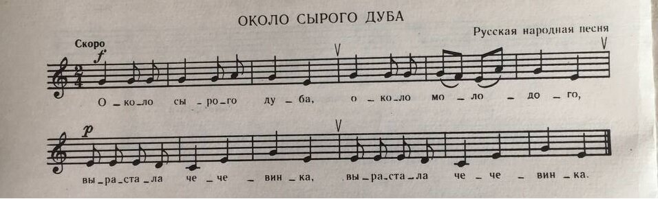Мелодия этой песни состоит из четырех фраз. В каждой фразе этой песни три такта и все фразы оканчиваются одинаково.