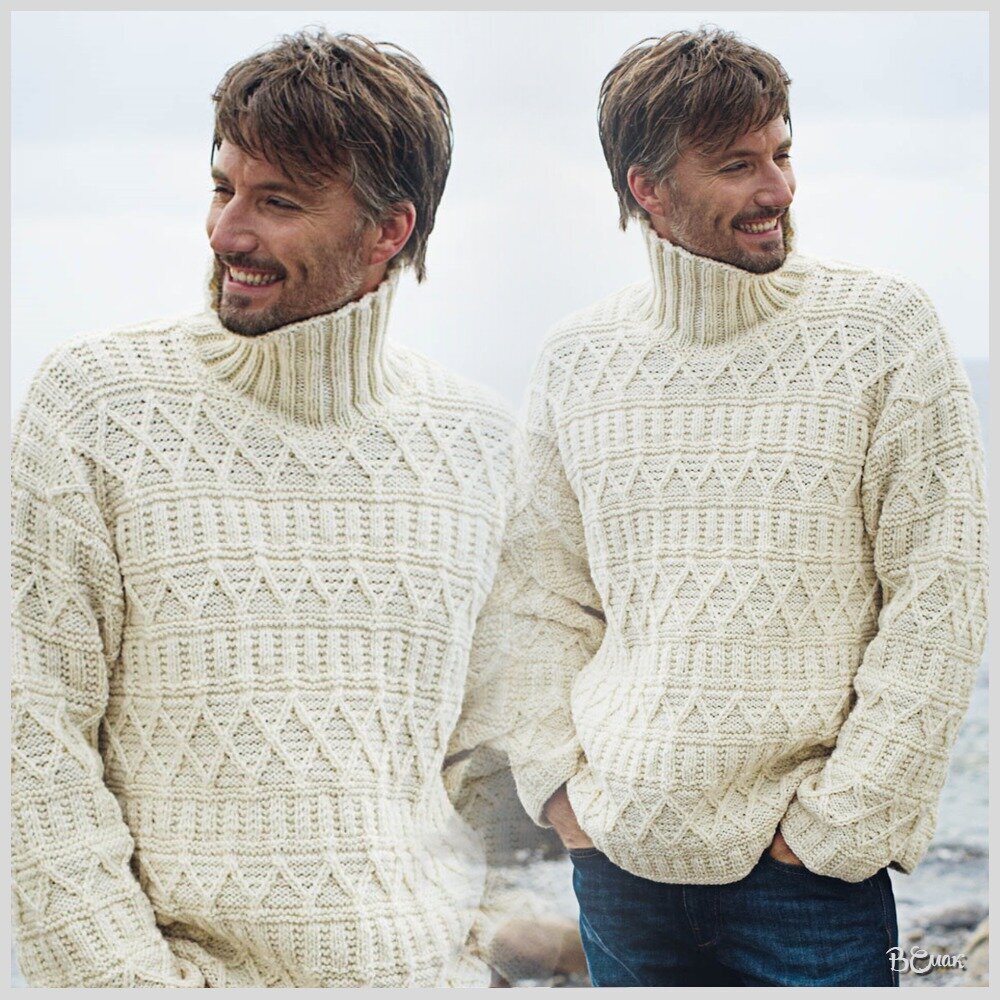 Размеры: S (M) L (XL)
Сравнительная таблица размеров мужской одежды в конце статьи.

Вам потребуется:
Пряжа (85% шерсти, 15% мохера; 50 г/60 м) – 27 (28) 30 (31) мотков белой неокрашенной;
Спицы № 4,5 и 5;
Круговые спицы № 4,5 длиной 40 см.

Плотность вязания:
Примерно 20 п. х 27 р. = 10 х 10 см, связано рельефным узором спицами № 4,5 и 5.

ВАЖНО!
Чтобы плотность вязания соответствовала заданной, фрагменты структурного узора выполнять
согласно схеме на спицах разной толщины – № 4,5 и 5.
Если в инструкции указано только одно число, то оно относится ко всем размерам.