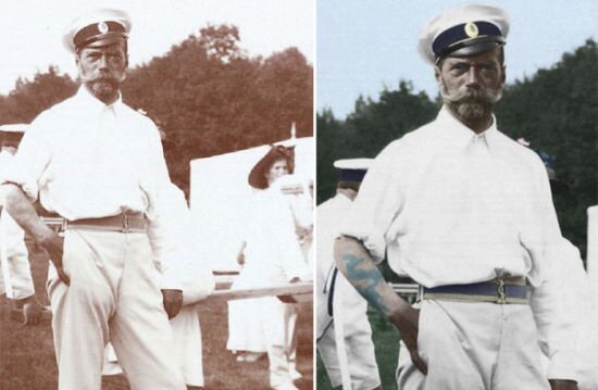 На фото - Император Николай II и его татуировка дракона. 