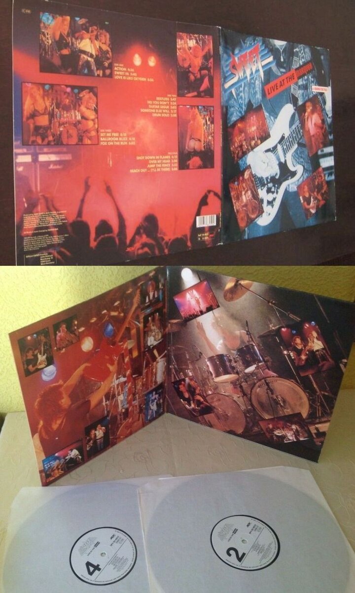 Двойной виниловый альбом группы Sweet "Live At The Marquee", записанный на концерте в 1986 году, и выпущенный в 1989-м. Сверху - внешний разворот конверта, снизу - внутренний 