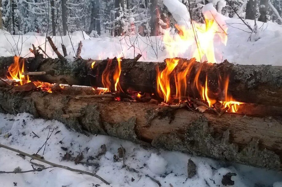 Разведение костра зимой в лесу