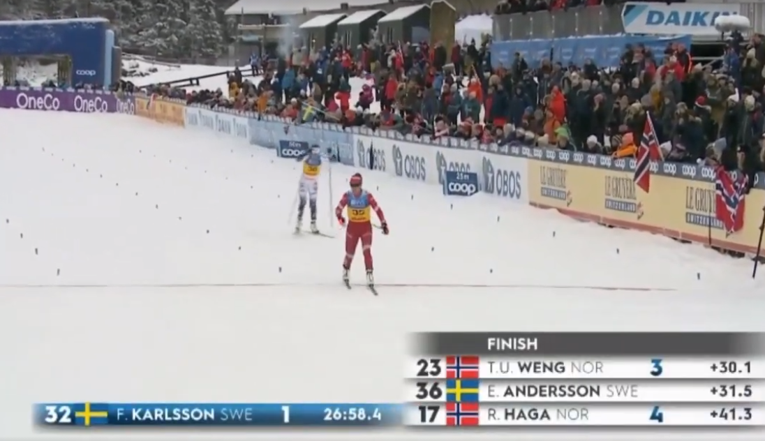 Финиш Вероники Степановой, а Эбба уступила около 5 метров. Отрыв похож на эстафетный 