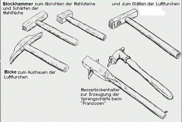 В верхнем ряду представлены различные бучарды. Другое название - корончатый молоток (Kronenhammer)