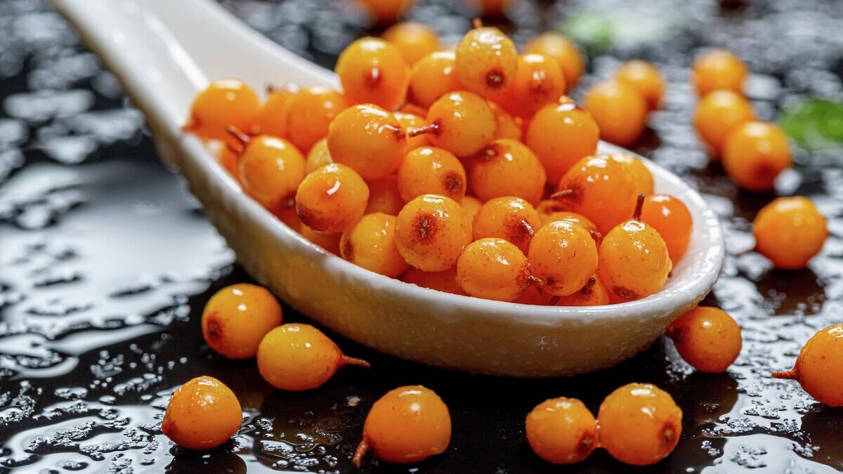    ОблепихаCC BY 2.0 / Marco Verch Professional Photographer / Sea buckthorn berries with water drops in white ceramic spoon on black background