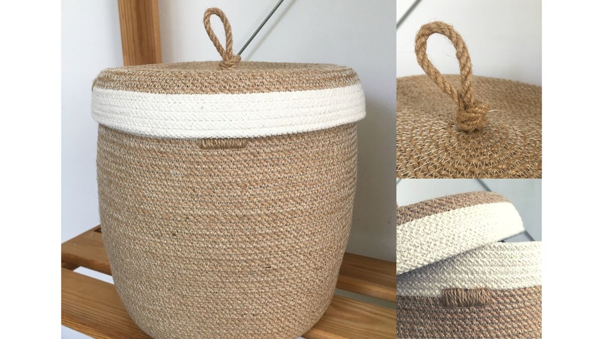Корзина с крышкой в технике зигзаг из джута и хлопкового шнура