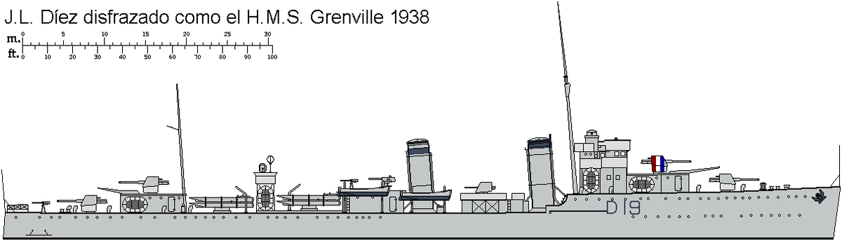 Díez, замаскированный под HMS Grenville. Почему то разметка башни -французский триколор