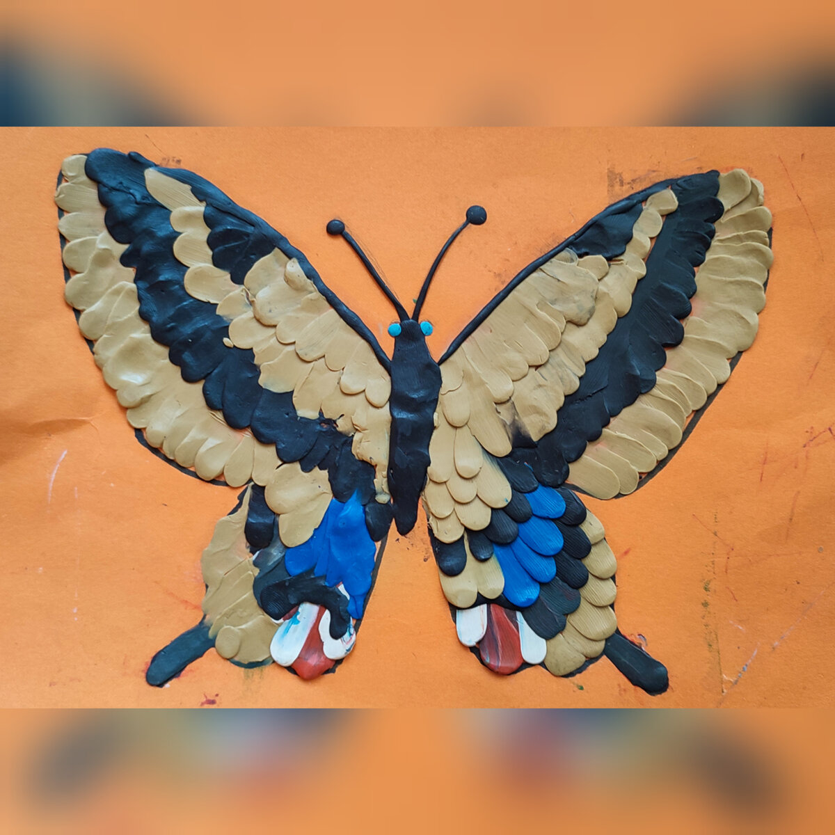 Бабочка из пластилина, задание по уроку технологии (1 класс). Показала сыну технику на нижнем правом крыле. И вот что у него вышло! Поделили авторство на двоих))