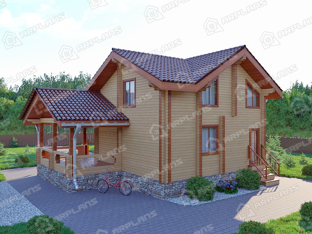 Фото 2 двухэтажного дома из бруса с мансардой, 3 спальнями, газовой котельной и террасой. Полезная площадь 130 кв м. Источник arplans.ru Проект ДС-033